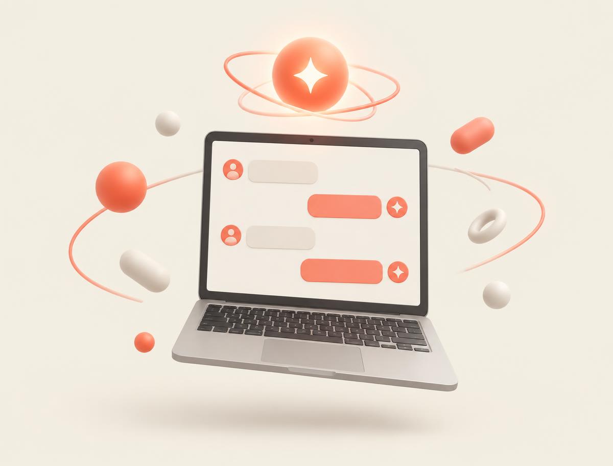 Notebook flutuante com balões de conversa e uma esfera luminosa coral representando inteligência artificial