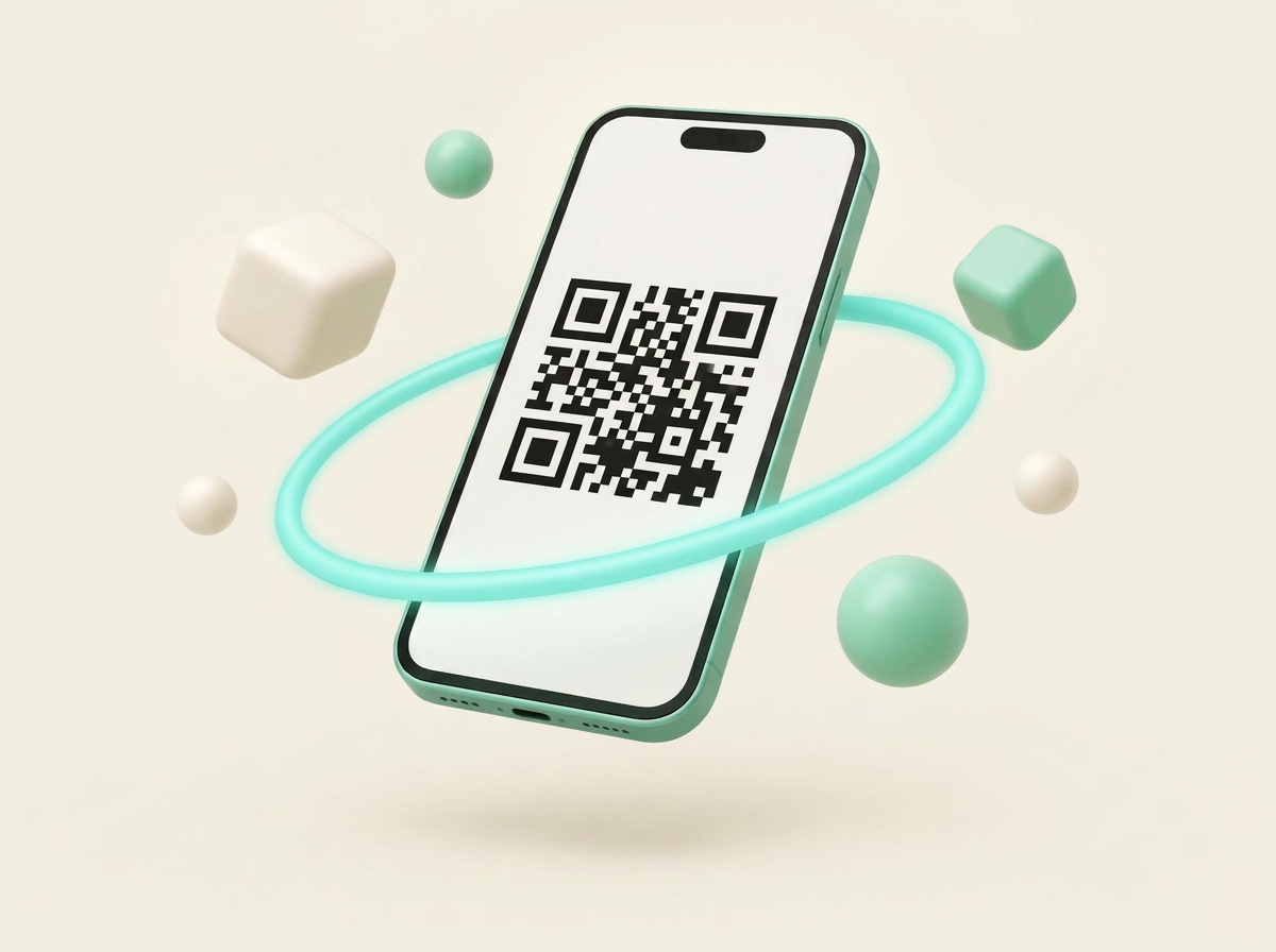 Smartphone flutuante exibindo um QR Code Pix com anel luminoso na cor verde-água